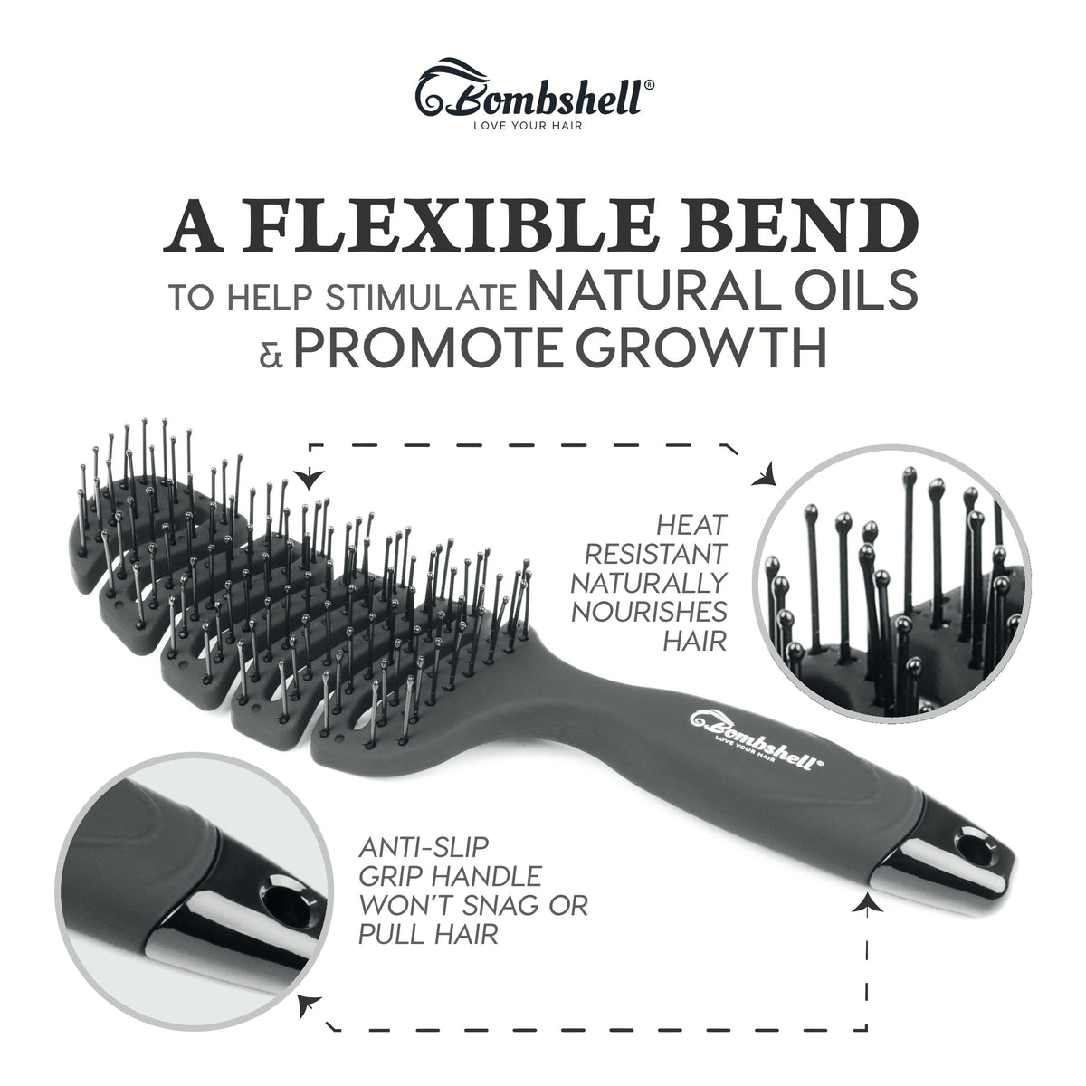 Bombshell Curved Flexible Vent Brush — Ball-Tip Nylon, 9.5″