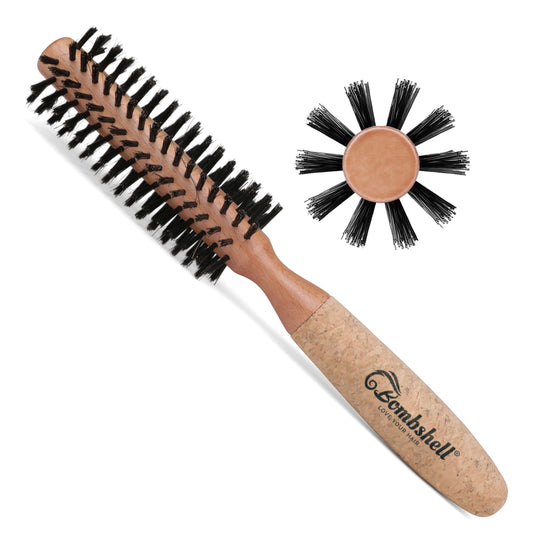 Wooden hairbrush with black bristles and a close-up of the bristle head on a white background.