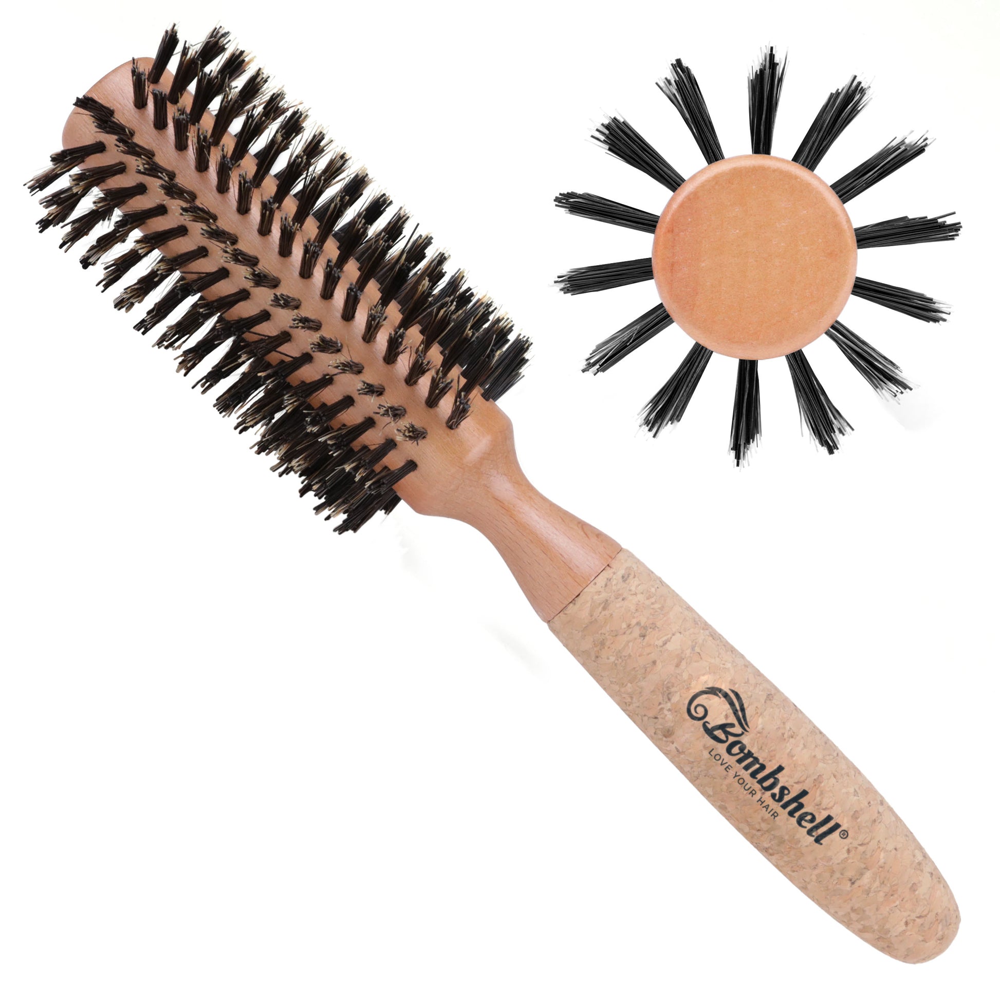 Hairbrush with cork handle and bristle design on a white background