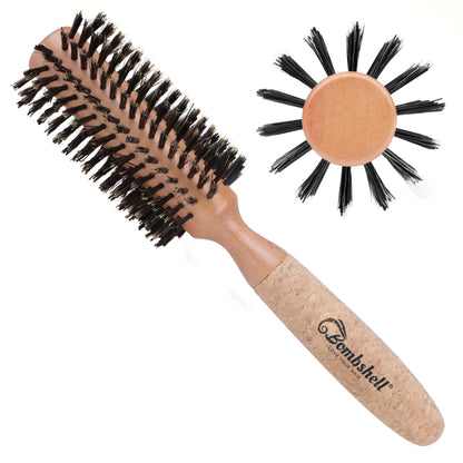 Hairbrush with cork handle and bristle design on a white background