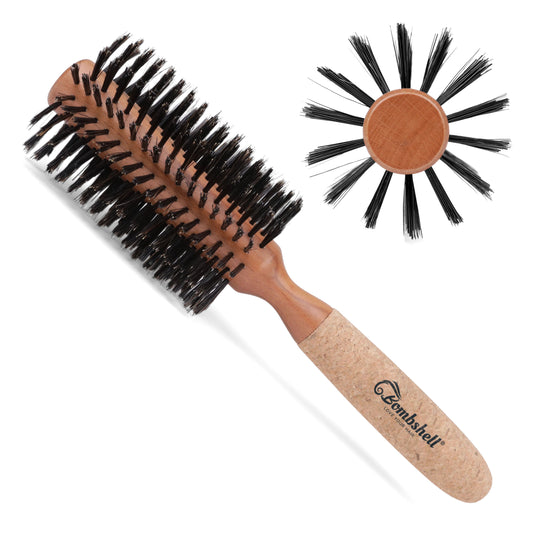 Hairbrush with cork wooden handle and bristle head on a white background